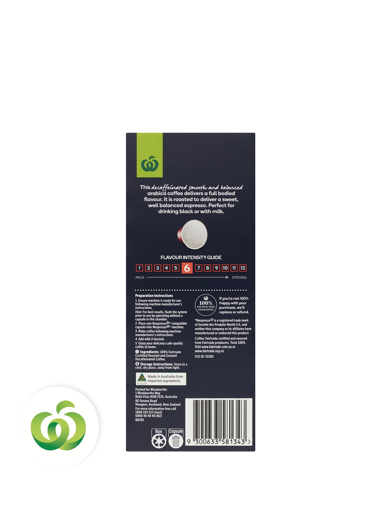 WOOLWORTHS COFFEE CAPSULES DECAFFEINATED 10PK 56G